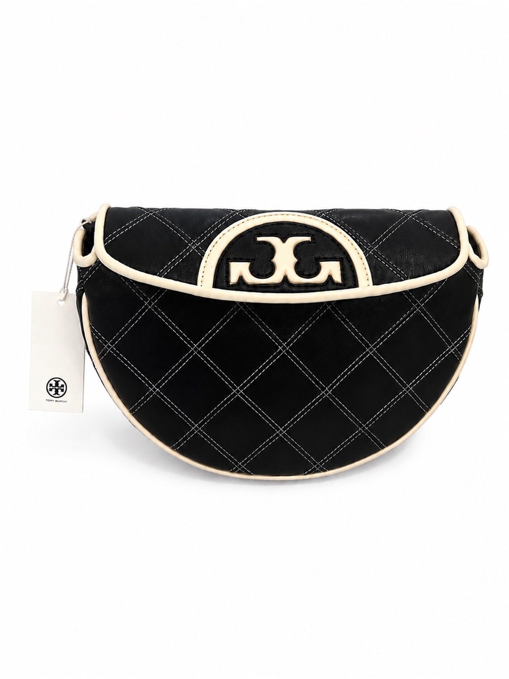 Tory Burch Fleming Quilted Crescent Crossbody Bag Black & Ivory NWT Leather